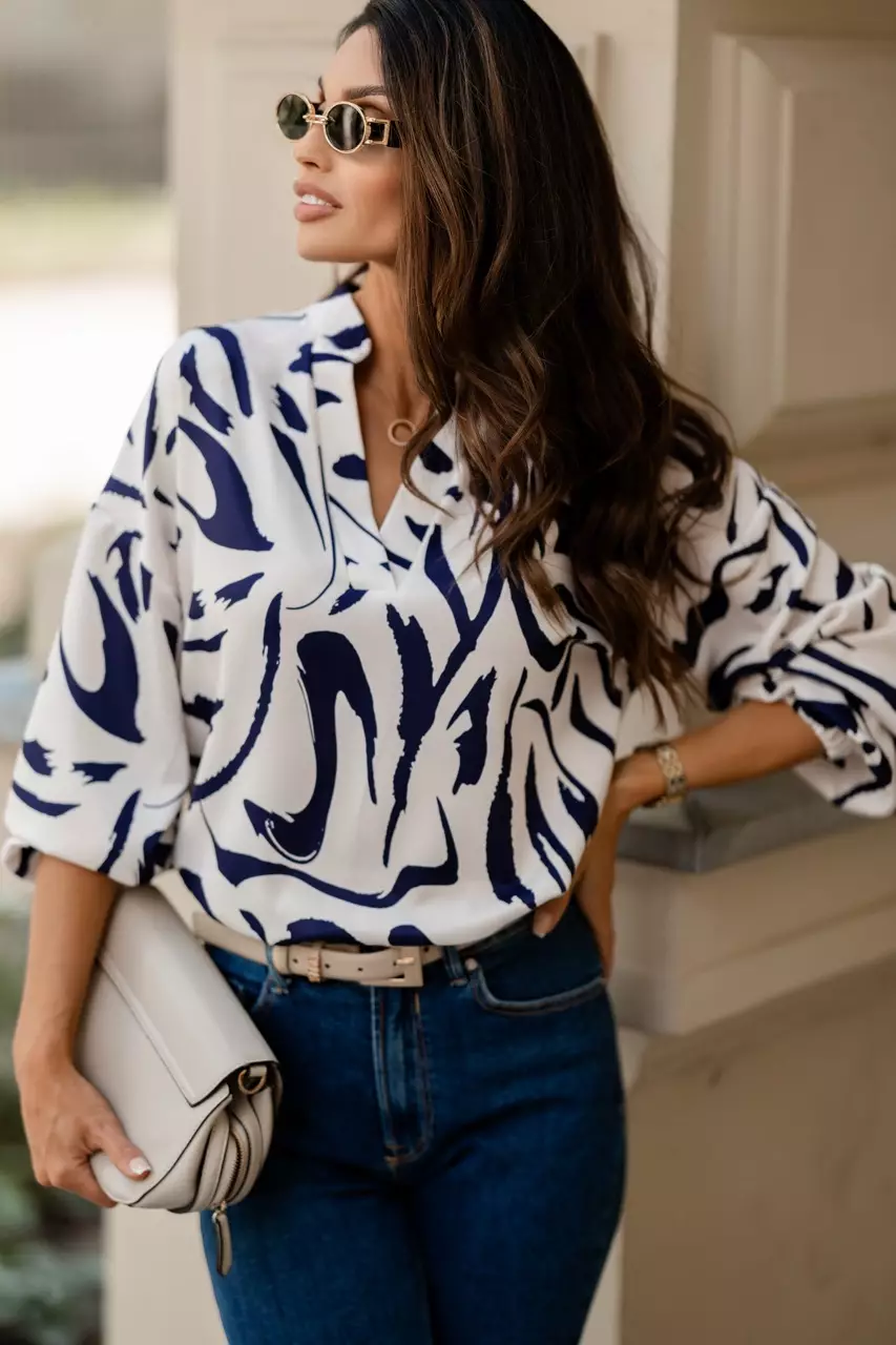 White with Navy Abstract Print work dresses online