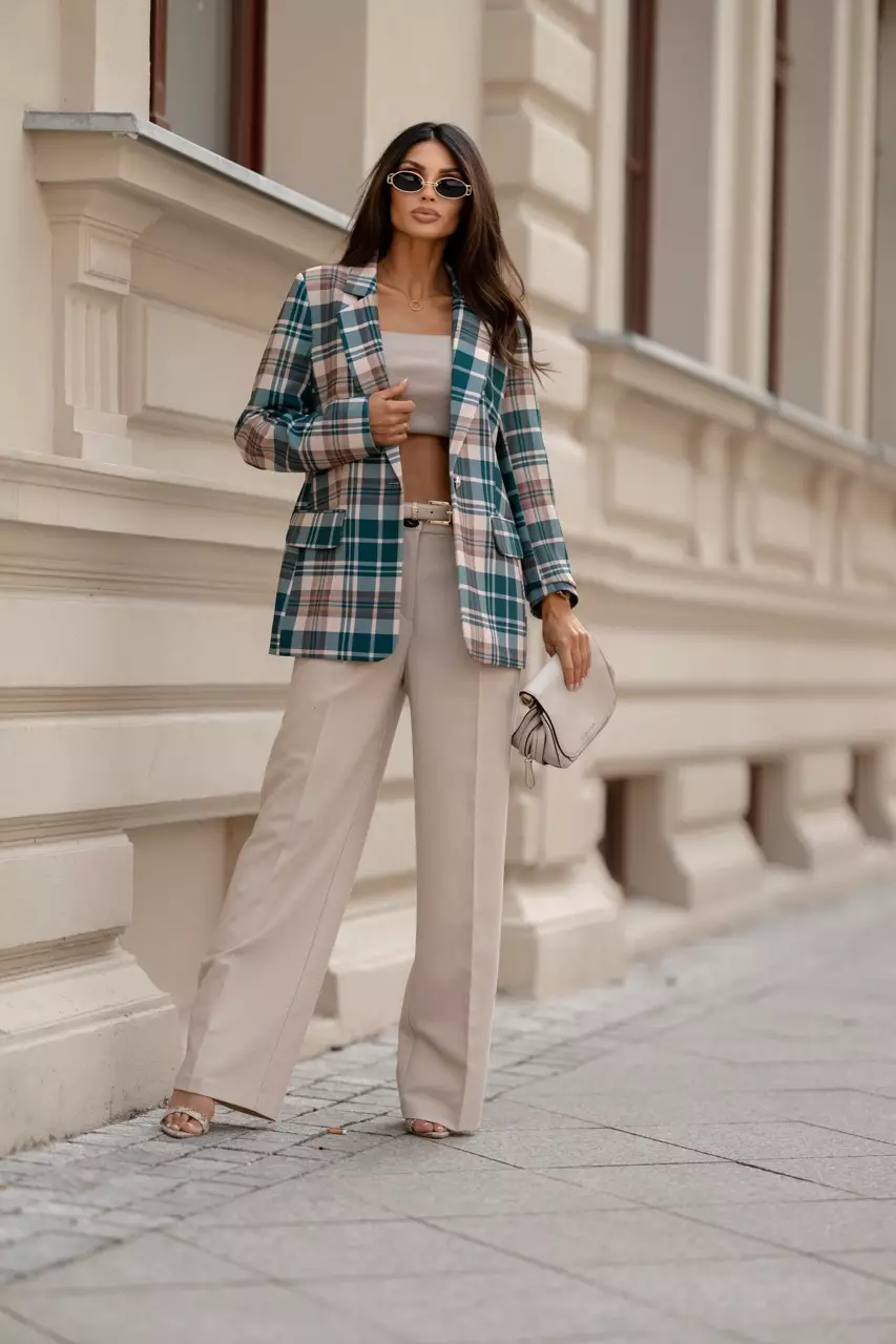 casual modern plaid blazer outfit ideas - Teal with beige and white checkered pattern